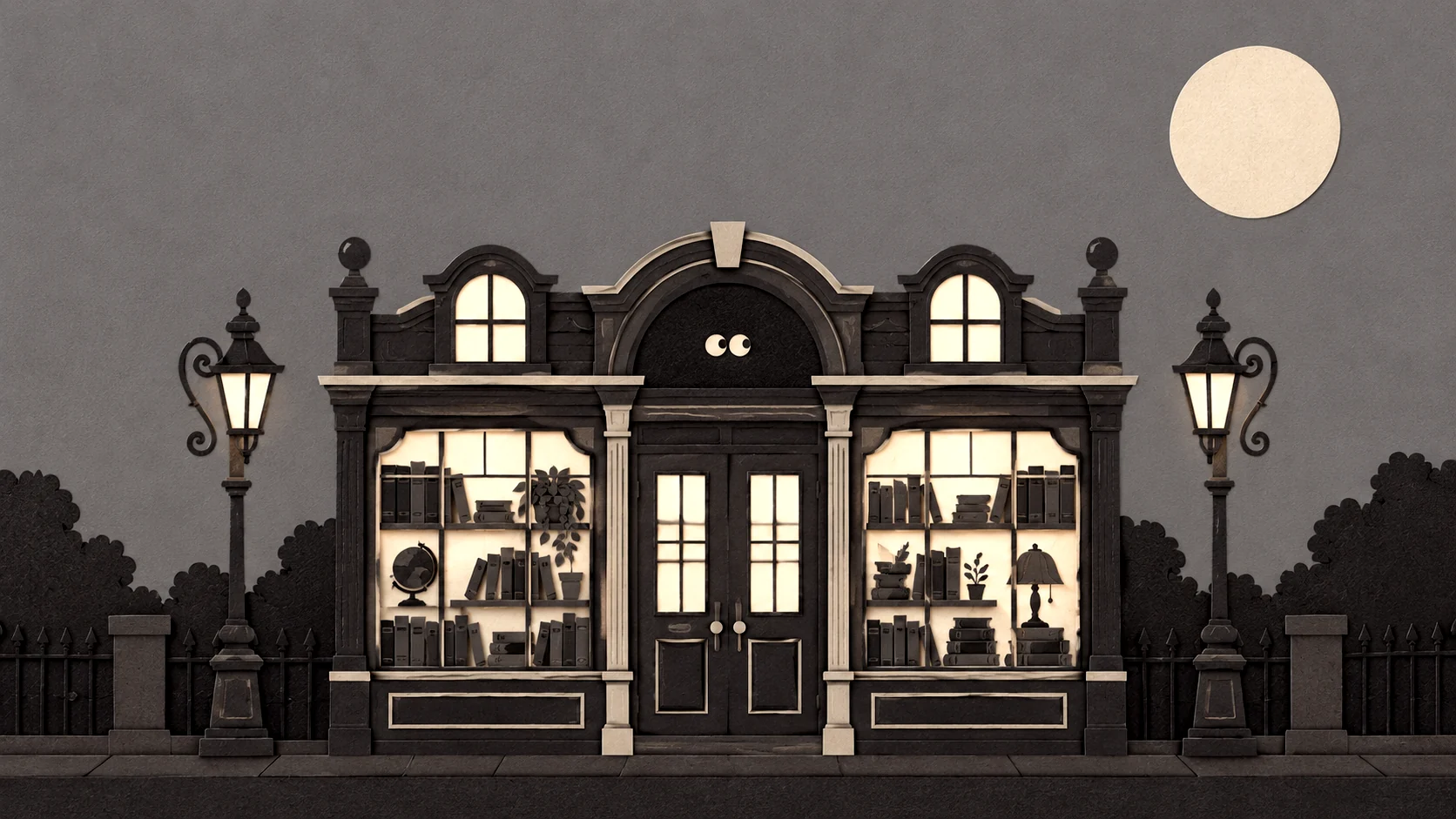 A narrow old bookshop at night, cut from paper, with two eyes watching from the arch above the door